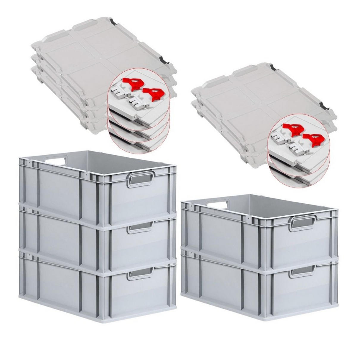 EUROBOX 5x Nextgen Economy Mit Scharnierdeckel Grau/Rot Griffe Offen 44 Liter - Rot, Kunststoff (40/22/60cm) - PROREGAL