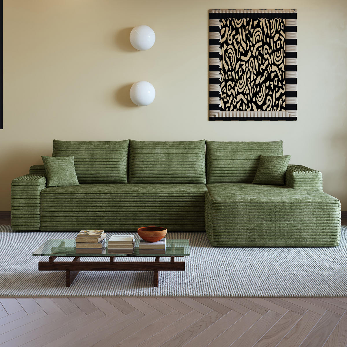 ECKSOFA 270/175/83 cm Grün Cord mit Chaiselongue, Rechte Seite - Grün, Textil (270/175cm) - Oxeza