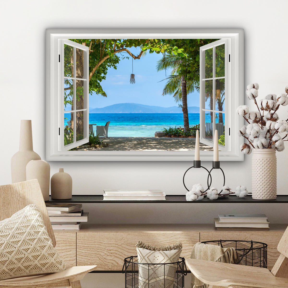 LEINWANDBILD Aussicht - Baum - Meer - Palme - Hügel - Strand - Blau Wanddeko 90x60 cm - Blau, Textil (90/60cm) - MuchoWow