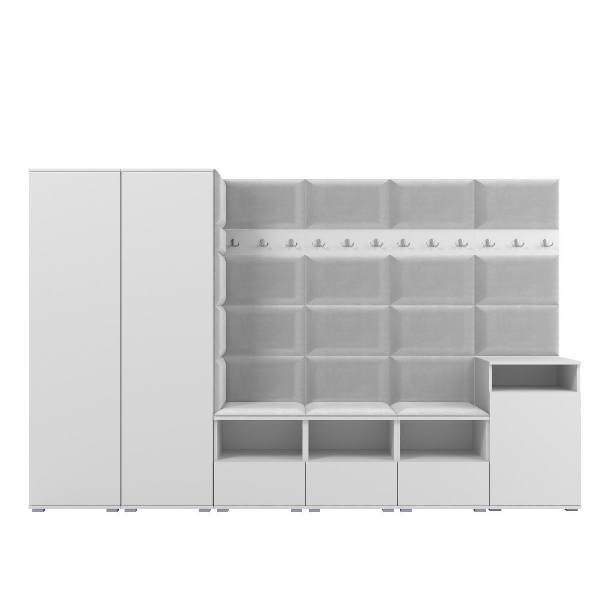 GARDEROBE NELA XII 300 cm (Modulare Flurmöbel Weiß mit Sitzpolster Hellgrau 32 Gigantisches Set) - Silberfarben/Hellgrau, Holz/Holzwerkstoff (300/187/40cm) - Ravio