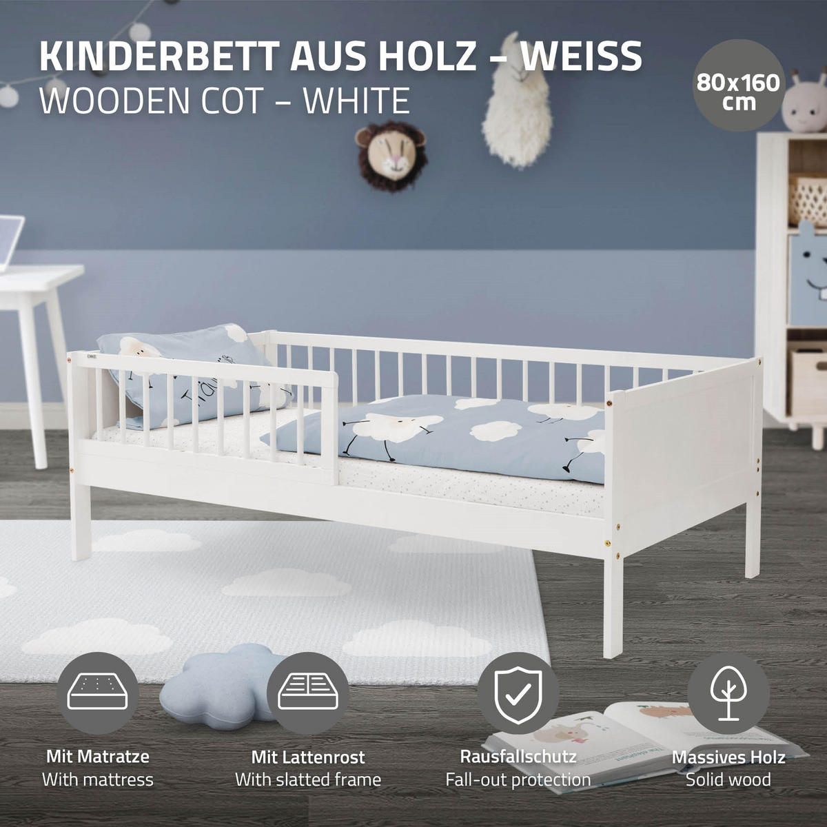 KINDERBETT mit Matratze 80x160 cm Weiß - Weiß, Holzwerkstoff - ML-DESIGN