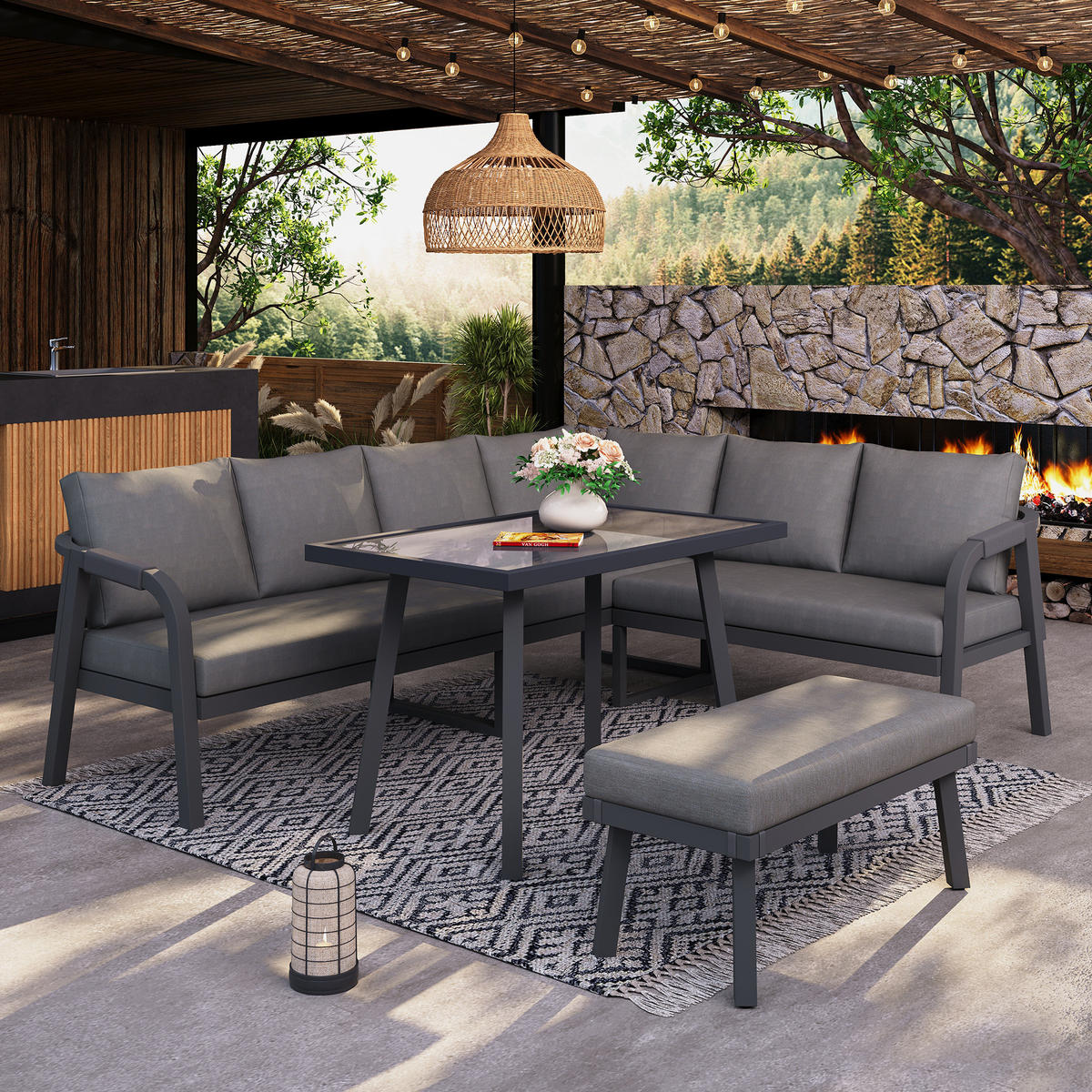 GARTEN-ESSGRUPPE mit Ecksofa, Esstisch und Bank für 8 Personen, Seilgeflecht und Glasplatte, Grau - Grau, Holzwerkstoff - Redom