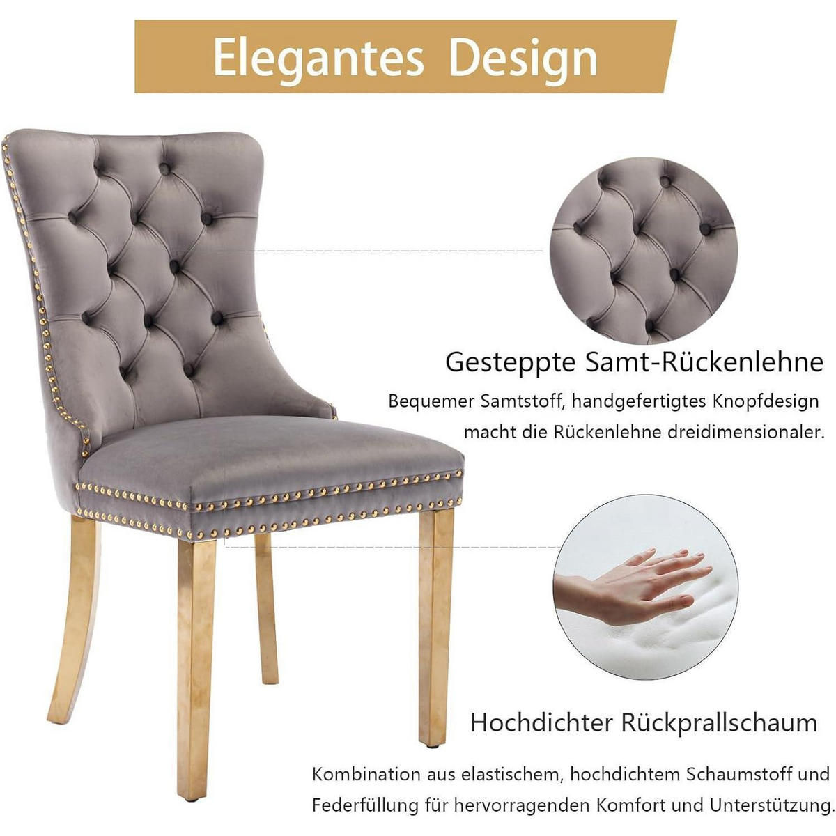 ESSZIMMERSTÜHLE 6er-Set Samt Grau mit goldenen Edelstahlbeinen - Grau, Textil (50/95.2/62cm)