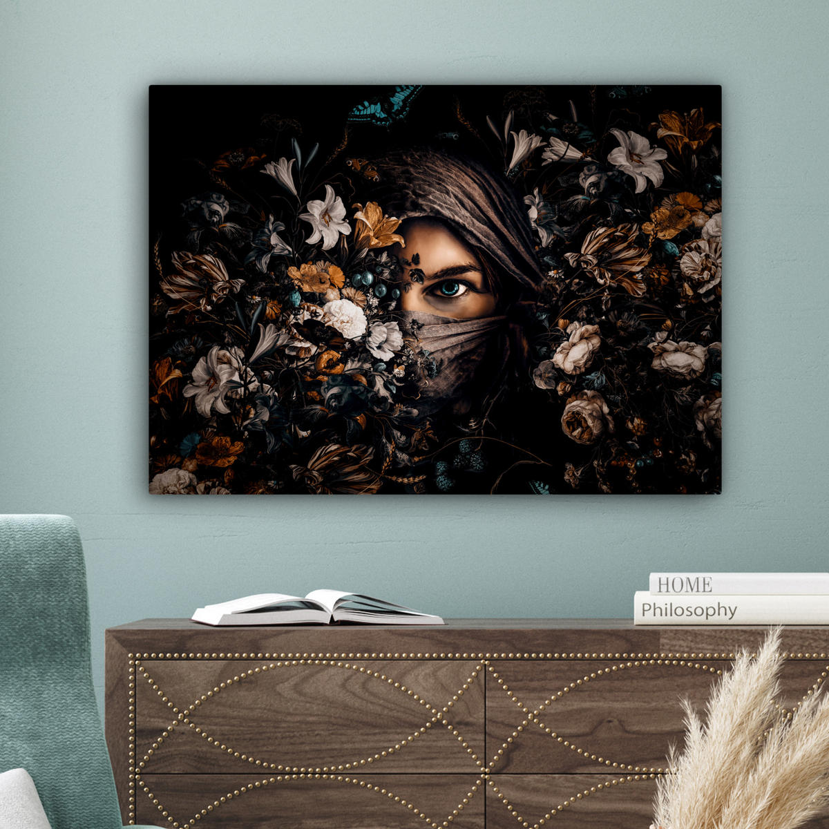 LEINWANDBILD Frau - Luxus - Blumen - Schmetterling - Porträt Wandbilder 80x60 cm - Schwarz, Textil (80/60cm) - MuchoWow