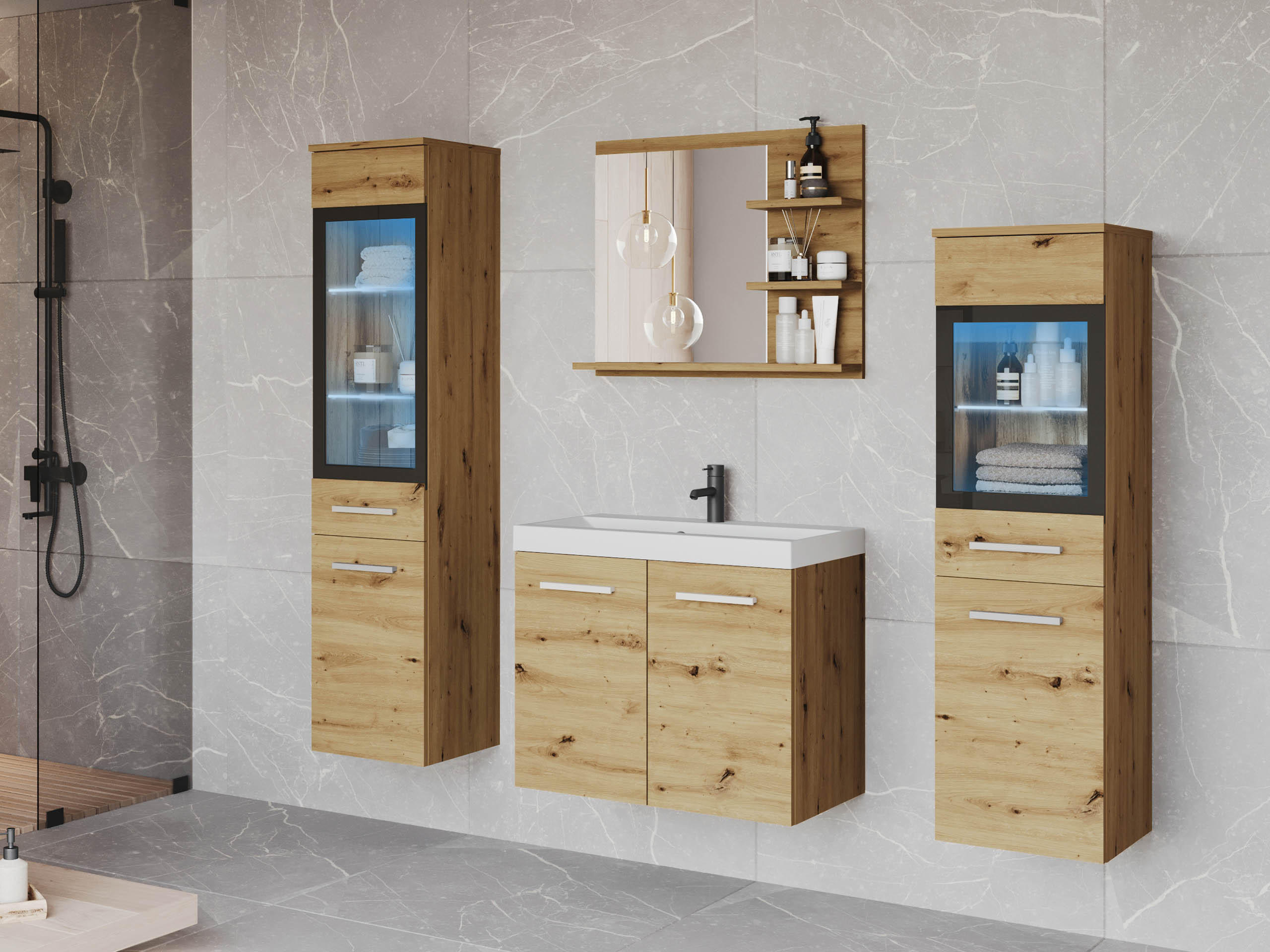 BADMÖBEL-SET Madrit I mit RGB LED Beleuchtung - Eiche Artisan, Holzwerkstoff (30/132/30cm) - MIRJAN24
