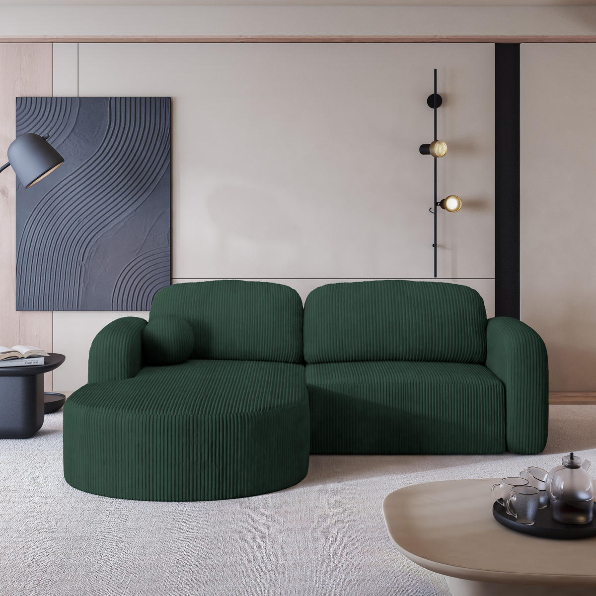 ECKSOFA AMILIA P L-S Grün Kordstoff mit Schlaffunktion - Grün, Holz (263/174cm) - MASSENO