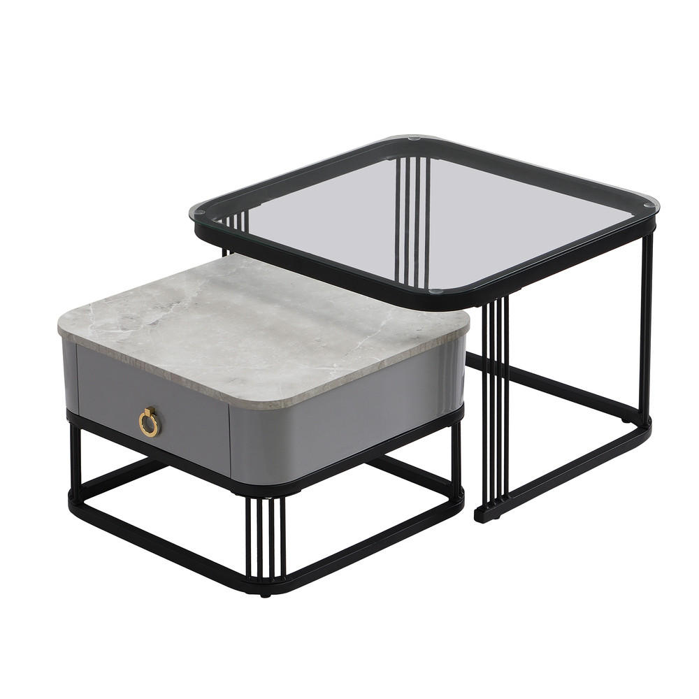 COUCHTISCH Stapelbar 2er-Set Hochglanz Marmoroptik Glasplatte Schwarze Beine - Schwarz, Holz (72/68/26.5cm) - FLIEKS