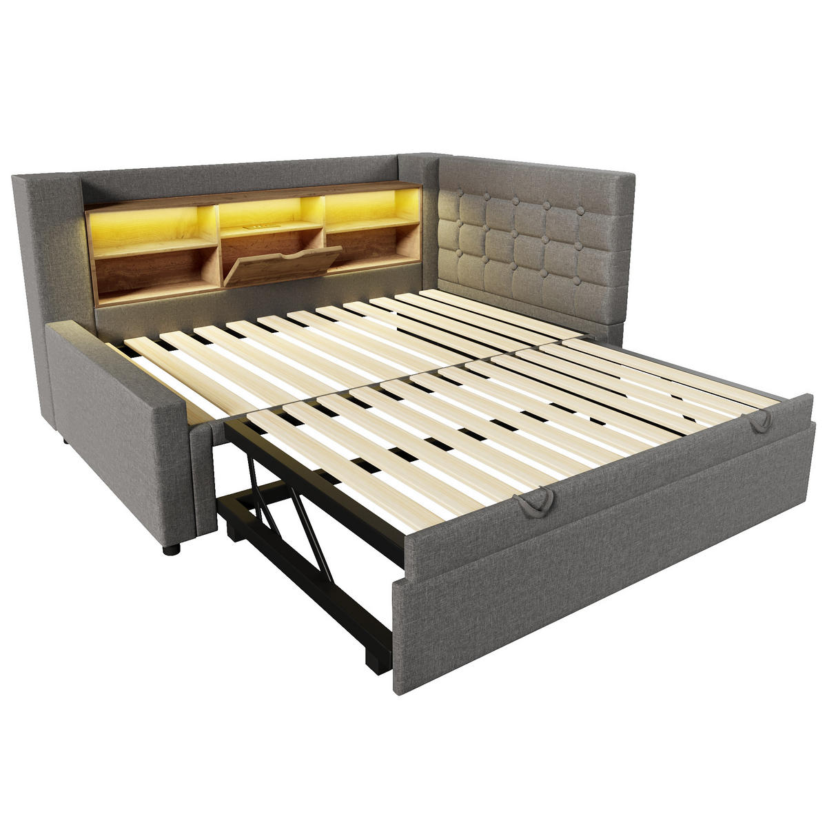 POLSTERBETT 90/200 cm mit Ausziehbett, LED-Beleuchtung, USB-Anschlüssen und Stauraum, Leinen/Metall, Grau - Grau, Textil (90/200cm) - Redom