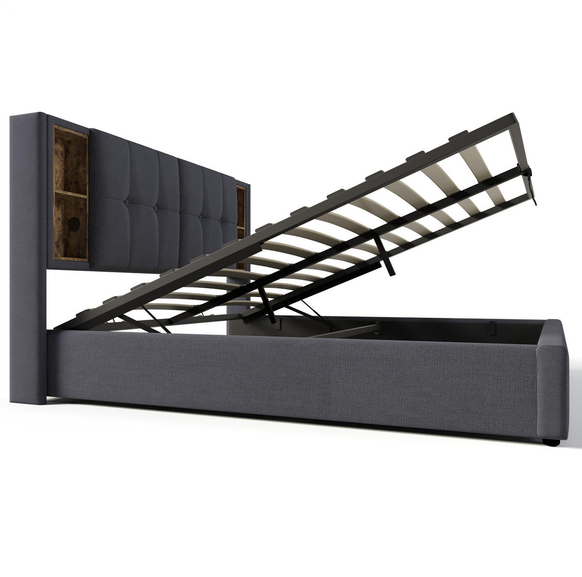 POLSTERBETT 140/200 cm mit kabellosem Laden, USB-C, Bettkasten und Kopfteilablagen, Grau - Grau, Textil (140/200cm) - Redom