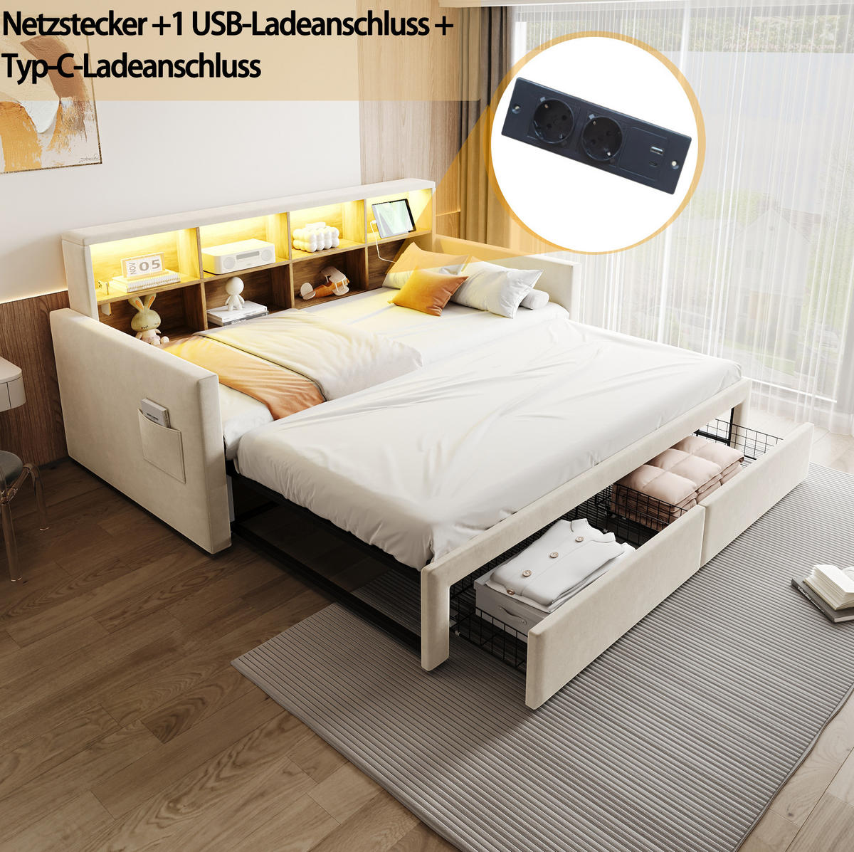 ČALÚNENÁ posteľ 90/190 cm rozkladacia s LED osvetlením, zásuvkami a úložným čelom, zamatová, Béžová - béžová, textil (90/190cm) - Redom