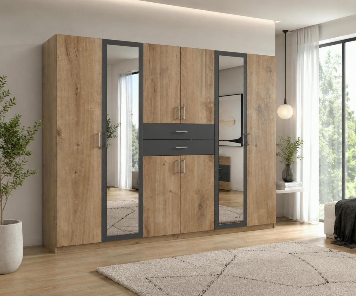 DREHTÜRENSCHRANK Kleiderschrank B270/H208/T58 cm mit Schubkästen & 2 Spiegeltüren, Eiche Dekor mit Absetzungen in Grafit / 22596 - Eichefarben/Silberfarben, Holzwerkstoff/Kunststoff (270/208/58cm) - luma-home