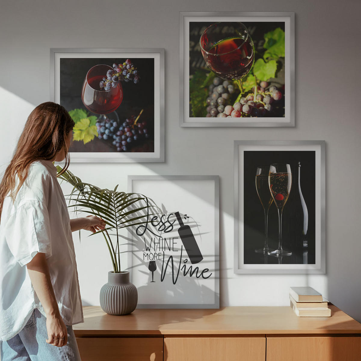 BILDER SET 4er Set - 50x50 cm & 40x60 cm Silberner Rahmen - Weingläser mit Trauben und Inschrift - Silberfarben, Kunststoff (50/50cm) - TULUP