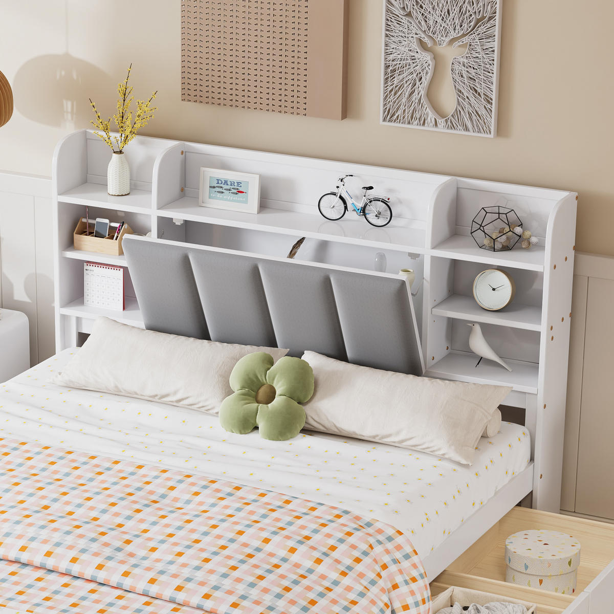 DOPPELBETT 160/200 cm Weiß mit offenen Regalen und drei Schubladen - Weiß, Holzwerkstoff (160/200cm) - OKWISH