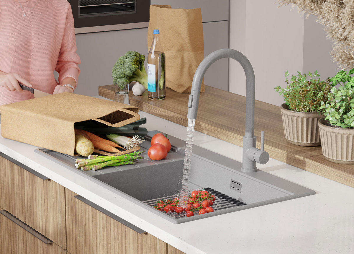 SPÜLBECKEN Sydney, 2-er set Grau 90/50 cm 1 Becken + Ablauf-Set + Küchenzubehörset ab 60er Unterschrank - Chromfarben/Beige, Kunststoff (90/20/50cm) - Primagran