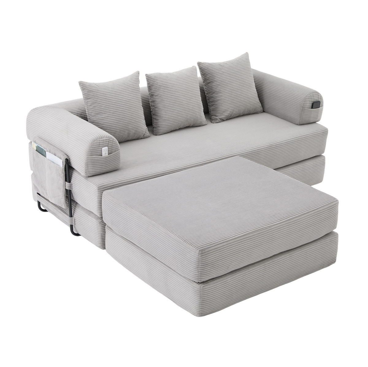 ECKSOFA aus Cord 200x190x67 cm Hellgrau frei kombinierbar mit Hocker, 3 Kissen und Seitentasche - Hellgrau, Textil (200/190cm) - Modfu