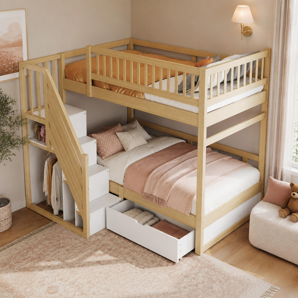 HOCHBETT 90/200 mit Stauraumleiter, Stauschublade und Sicherheitsgitter in Holzfarbe - Naturfarben, Holz (90/200cm) - EVRYAE