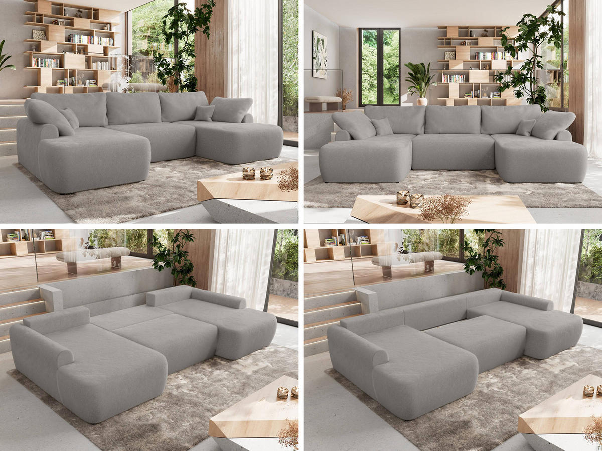 WOHNLANDSCHAFT CUBO U Hellgrau Plüsch - Hellgrau/Schwarz, Kunststoff/Textil (370/100/187cm) - MKS