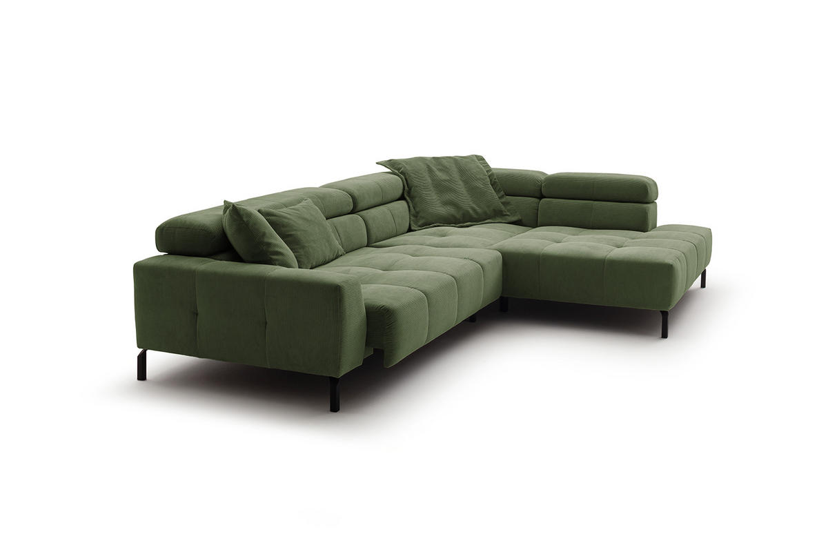 ECKSOFA MIT MOTORISCHEM SITZVORZUG OHIO Grün Cord - Schwarz/Grün, Textil/Metall (311/219cm) - KAWOLA