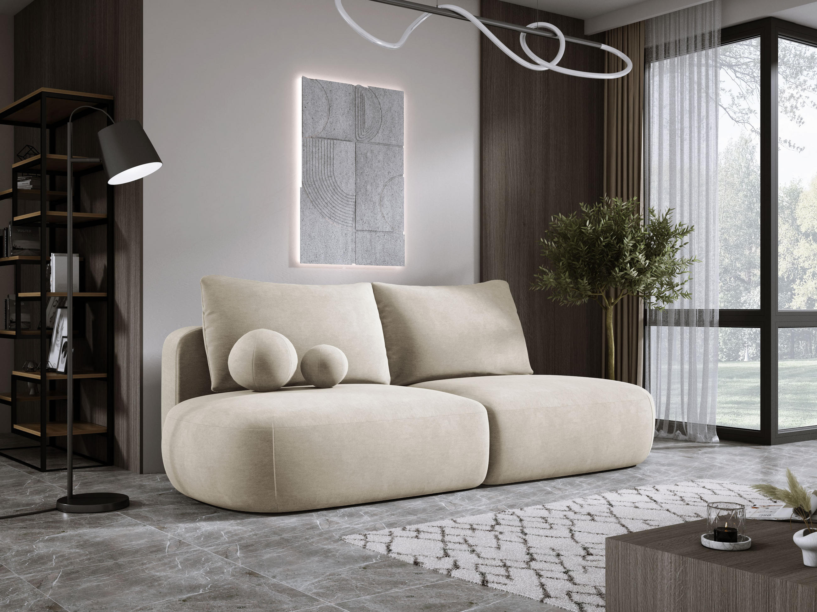SCHLAFSOFA Moderne BABU mit Schlaffunktion – 3-Sitzer Sofa mit Bettkasten, DL-Automat, 2 Rückenkissen, 2 Zierkissen, 240x90x90 cm, Beige - Beige, Holz/Textil (240/90/90cm) - DomoHome