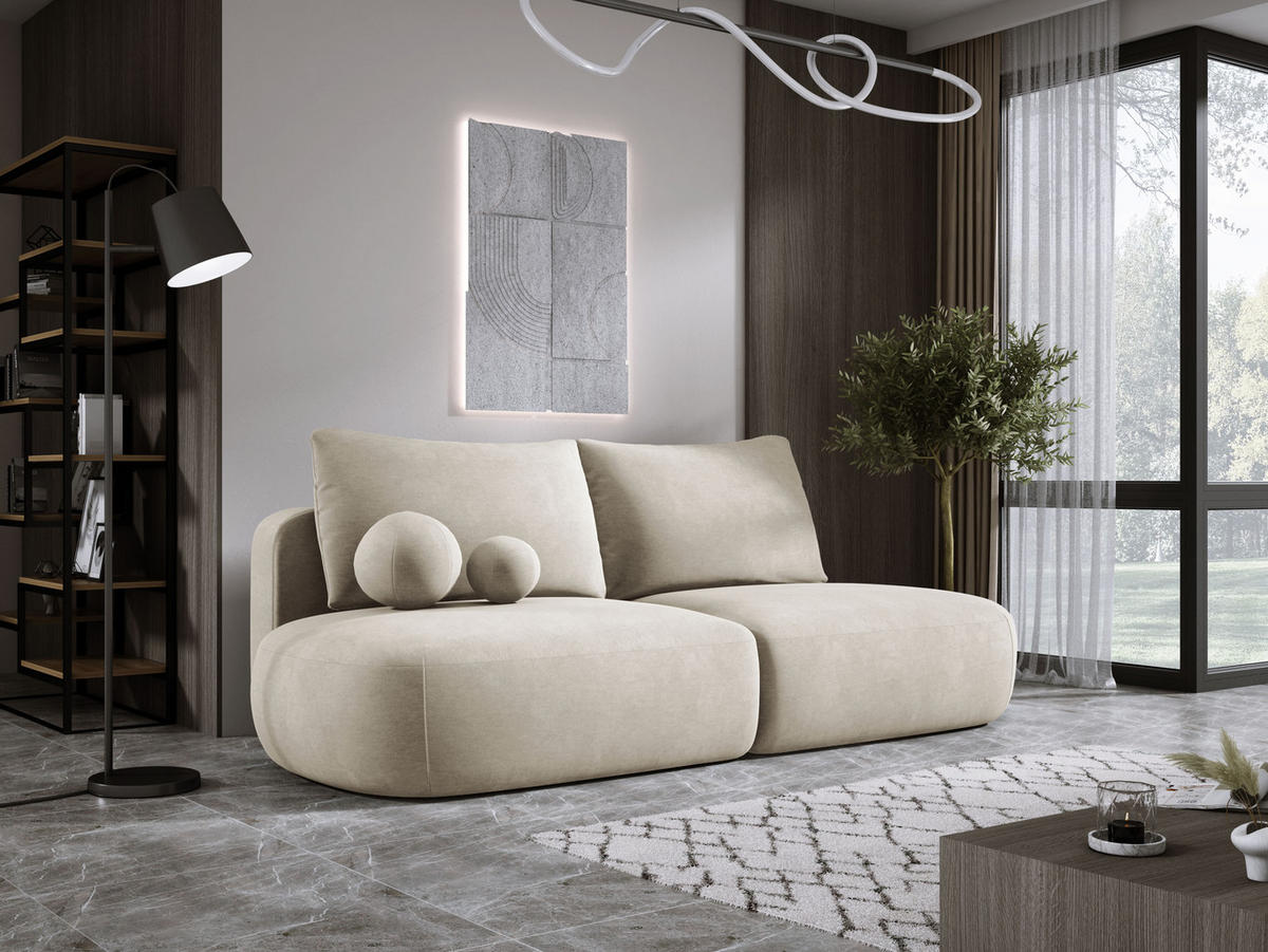 SCHLAFSOFA Moderne BABU mit Schlaffunktion – 3-Sitzer Sofa mit Bettkasten, DL-Automat, 2 Rückenkissen, 2 Zierkissen, 240x90x90 cm, Beige - Beige, Holz/Textil (240/90/90cm) - DomoHome