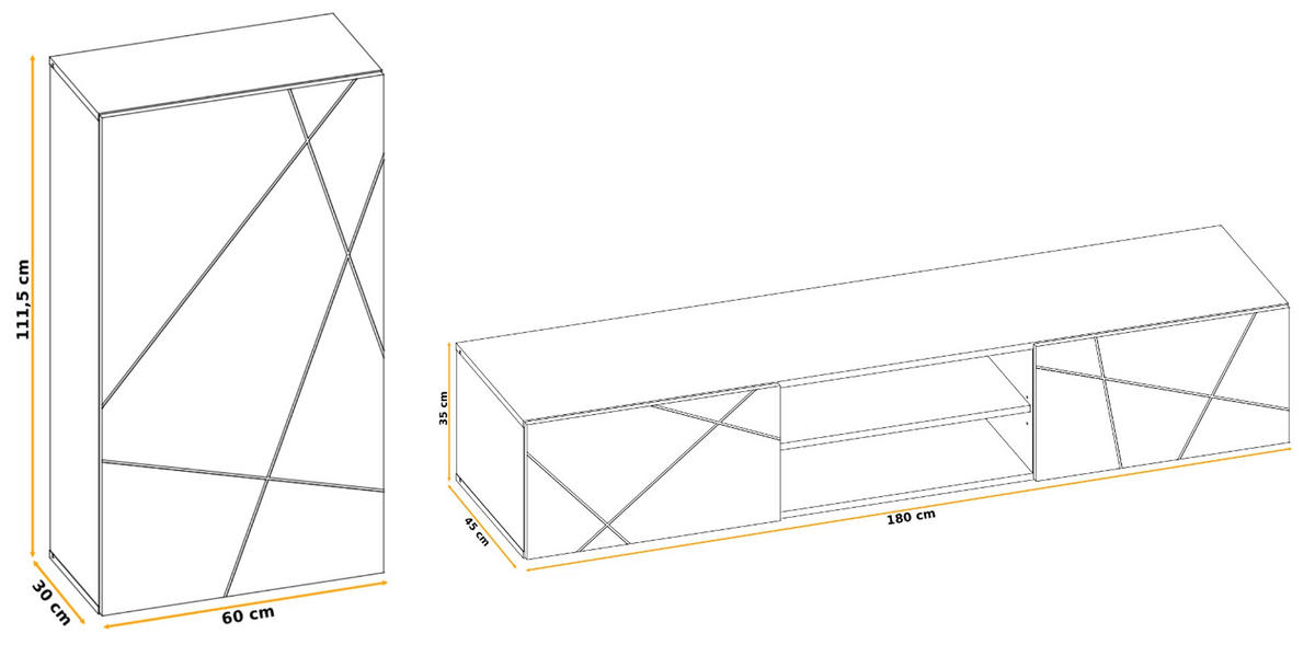 WOHNWAND Kaschmir, schwarz 180 cm, Schrankwand mit Streifendruck, Push-to-Open - Kaschmir/Schwarz, Holzwerkstoff/Kunststoff (180/180/45cm) - Furn.Design