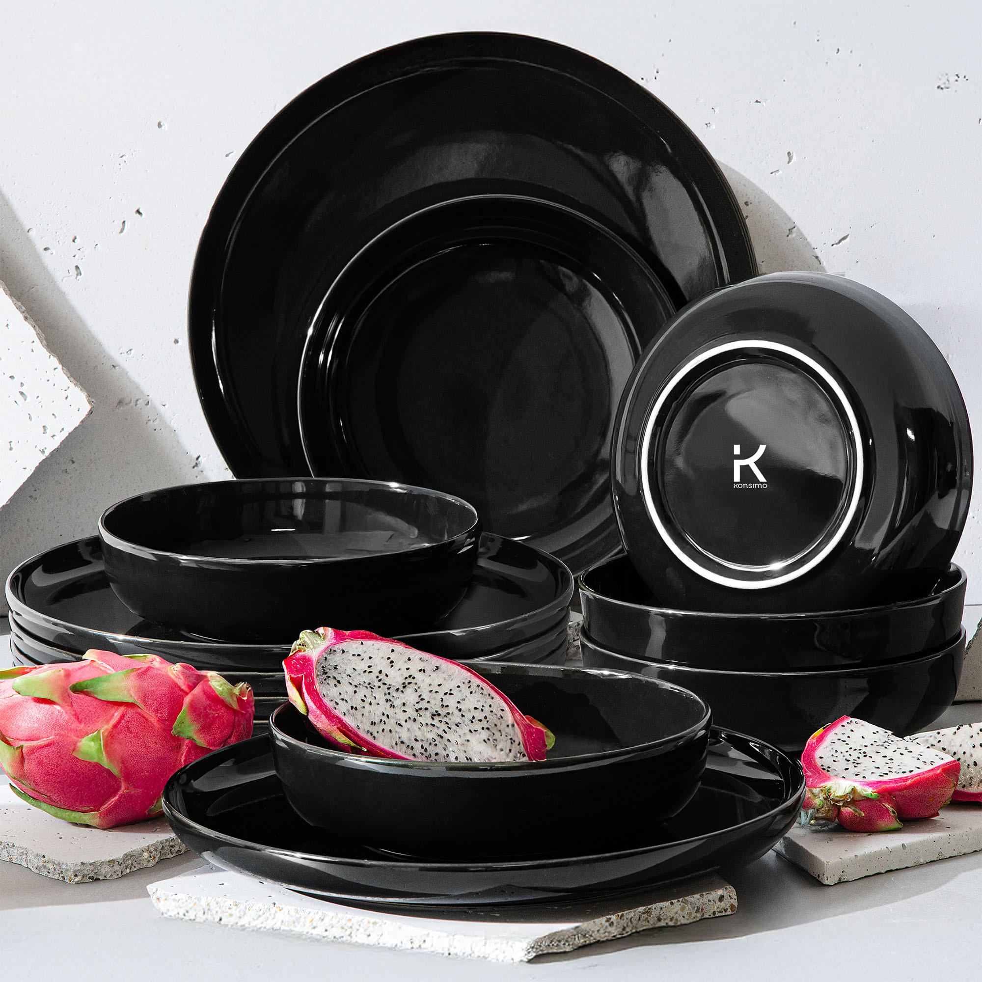 TAFELSERVICE VICTO 6 Personen 12-tlg VICTO - Schwarz Hochglanz, Keramik (27/2/27cm) - KONSIMO®