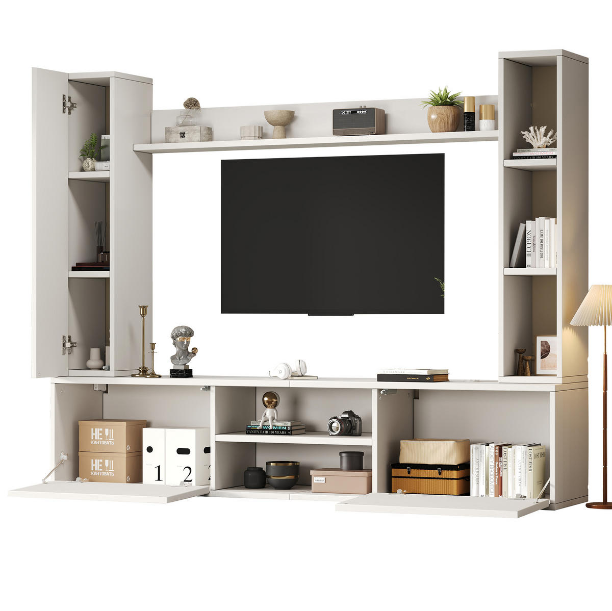 TV-WOHNWAND-SET(KOMPLETT-SET, 4-St) 180/35/33,5 cm aus Spanplatte mit flexibler Wand- und Standmontage Weiß - Weiß, Holzwerkstoff (180/33.5/35cm) - Modenvie