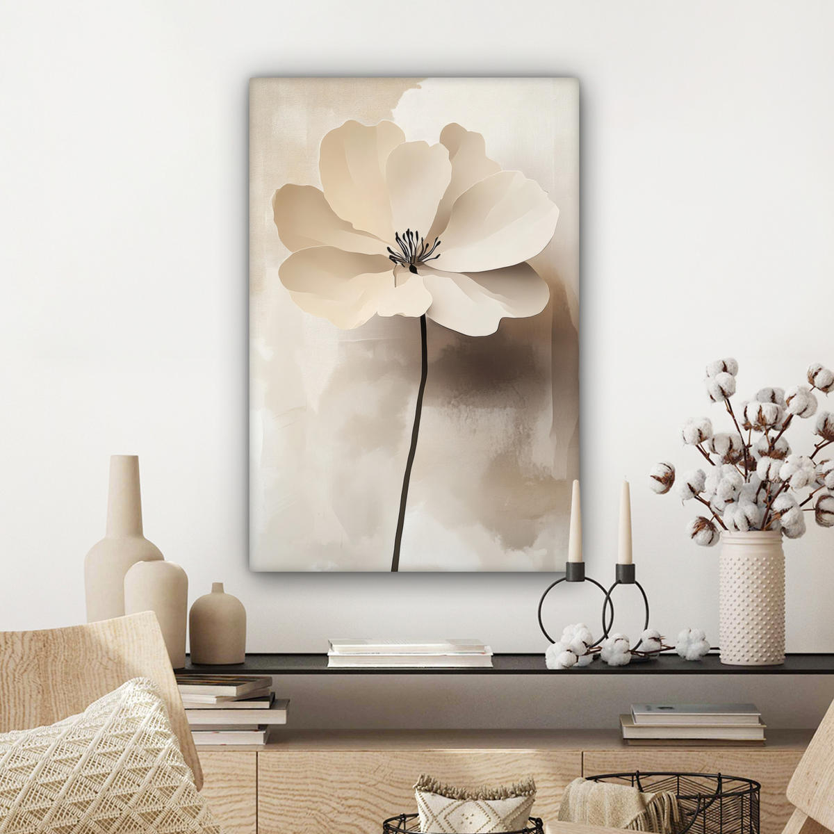 LEINWANDBILD Blume - Beige - Farbe - Schatten Wanddeko Schlafzimmer 60x90 cm - Creme, Textil (60/90cm) - MuchoWow