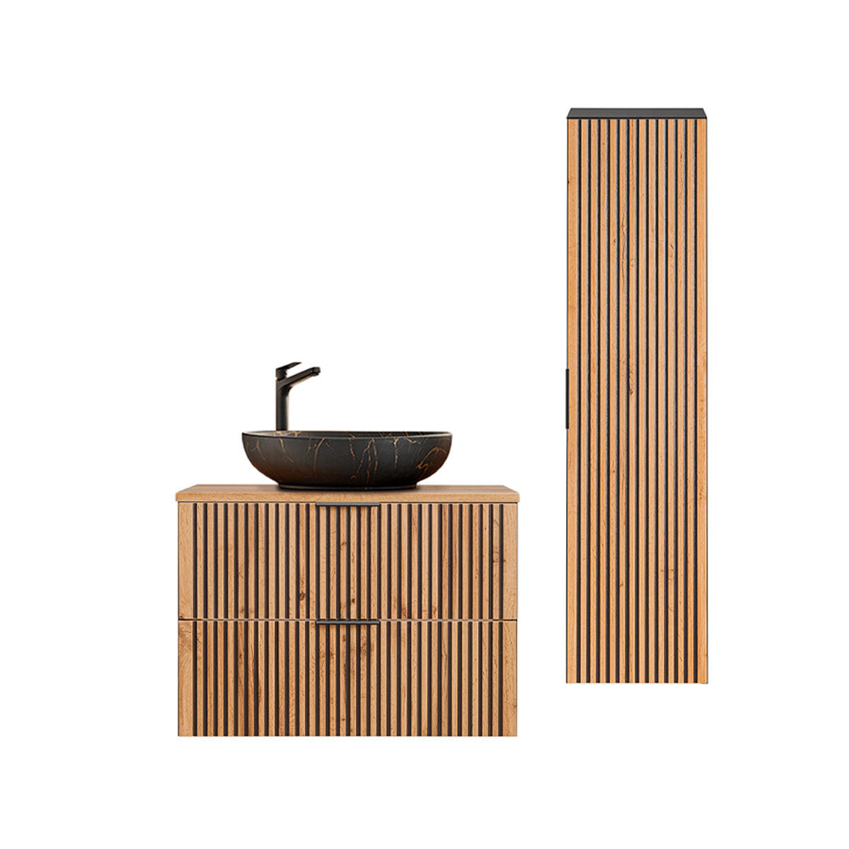 BADMÖBEL 80.6cm Gaia 2er-Set Holz in Eichenoptik und Schwarz - Schwarz, Holzwerkstoff (80.6/59/46cm) - Petits-meubles
