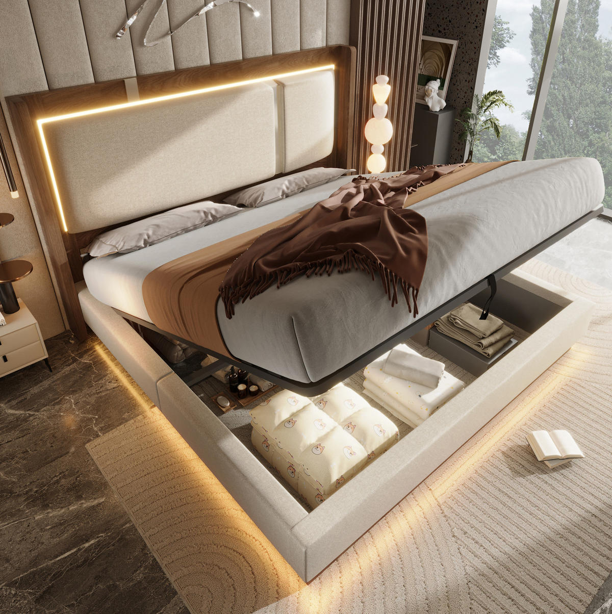 POLSTERBETT 140/200 cm aus Leinen und Holz mit LED und Bettkasten Beige - Beige, Textil (140/200cm) - Modenvie