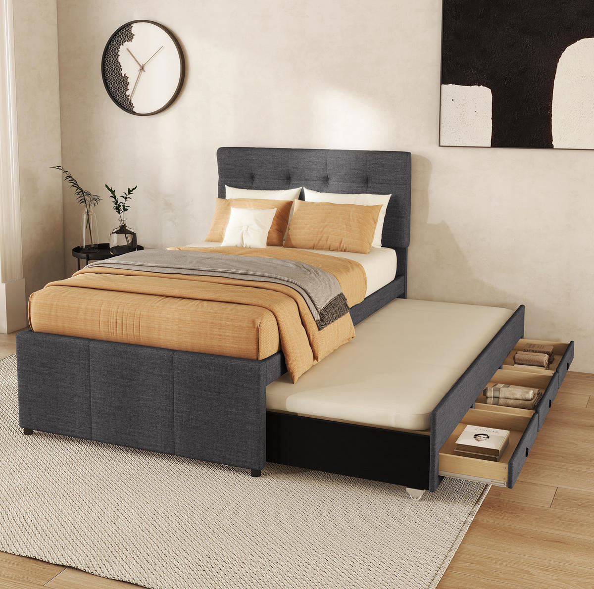 POLSTERBETT aus Leinen und MDF 90x200 cm Grau mit Ausziehbett, 3 Schubladen und verstellbarem Kopfteil - Grau, Textil (90/200cm) - IVMEU