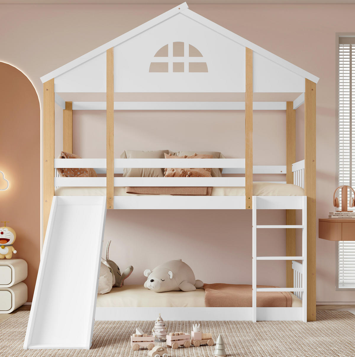 ETAGENBETT aus MDF 90x200 cm Weiß/Natur mit Rutsche, Winkeltreppe und Haus-Design - Weiß, Holzwerkstoff (90/200cm) - Modfu