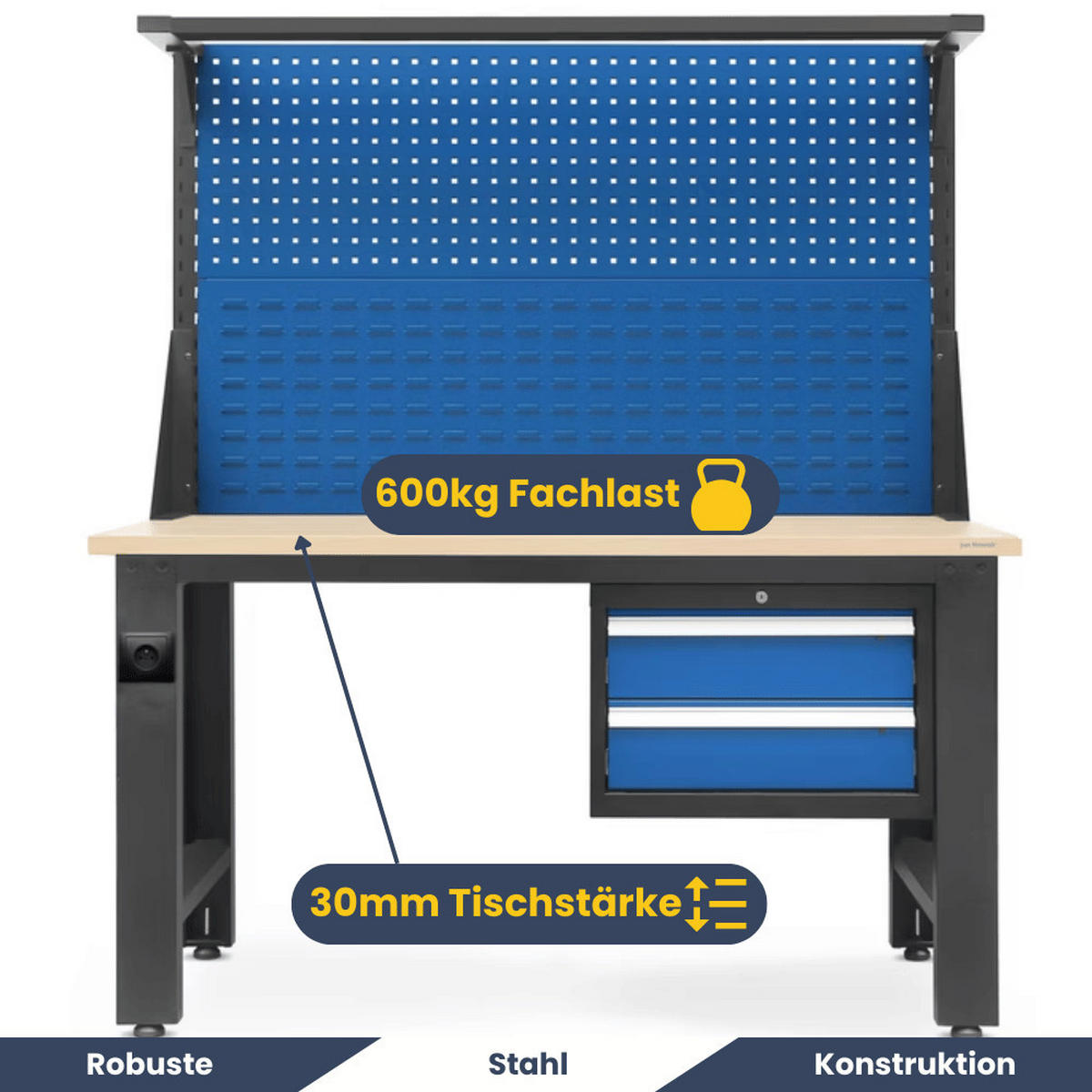 WERKBANK Werkstatt ROBI 170x150x75cm Anthrazit-Blau Platte Braun - Anthrazit, Metall (150/170/75cm) - DELUKE