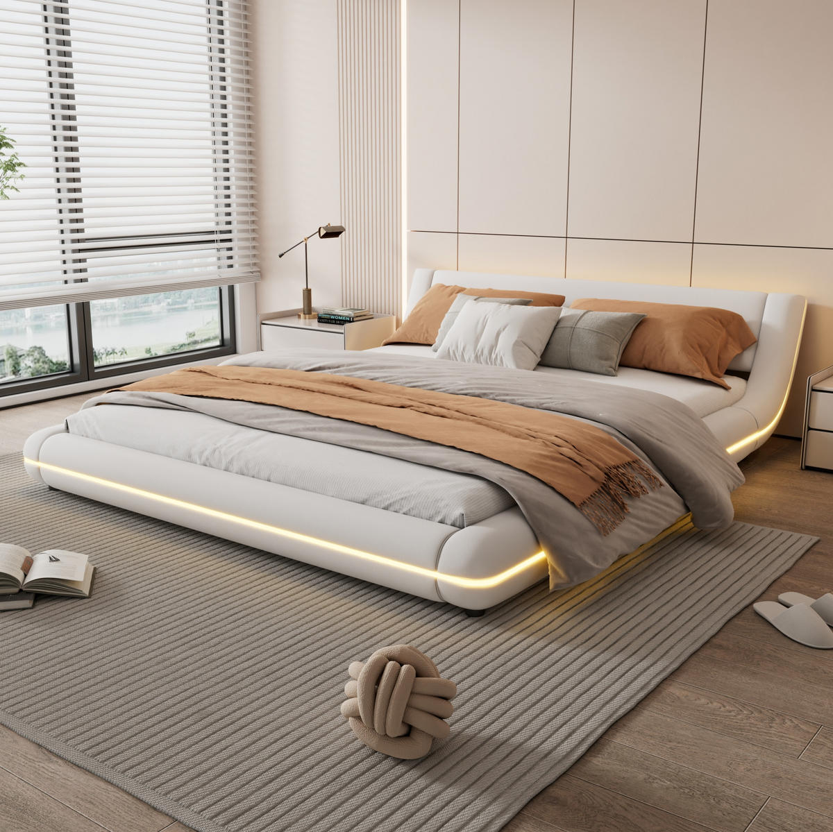 BODENBETT 160/200 cm Weiß aus PU mit LED-Beleuchtung - Weiß, Kunststoff (160/200cm) - OKWISH