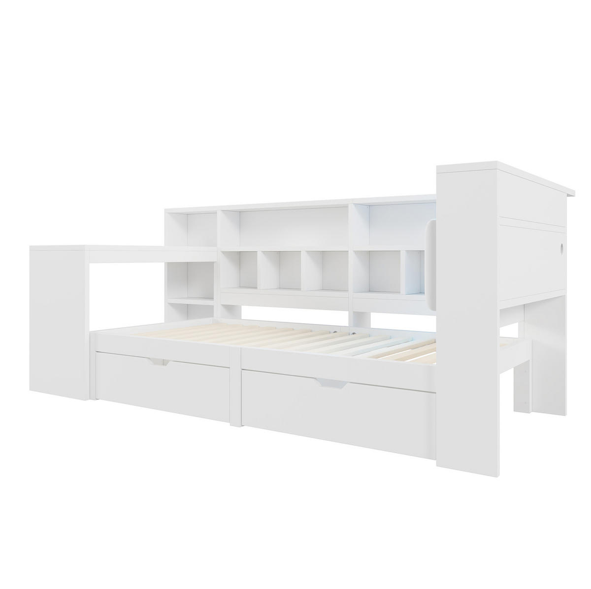 MULTIFUNKTIONSBETT 90/200 cm Weiß L-förmiges Bett mit Schreibtisch Bücherregal und LED-Beleuchtung - Weiß, Holzwerkstoff (90/200cm) - OKWISH