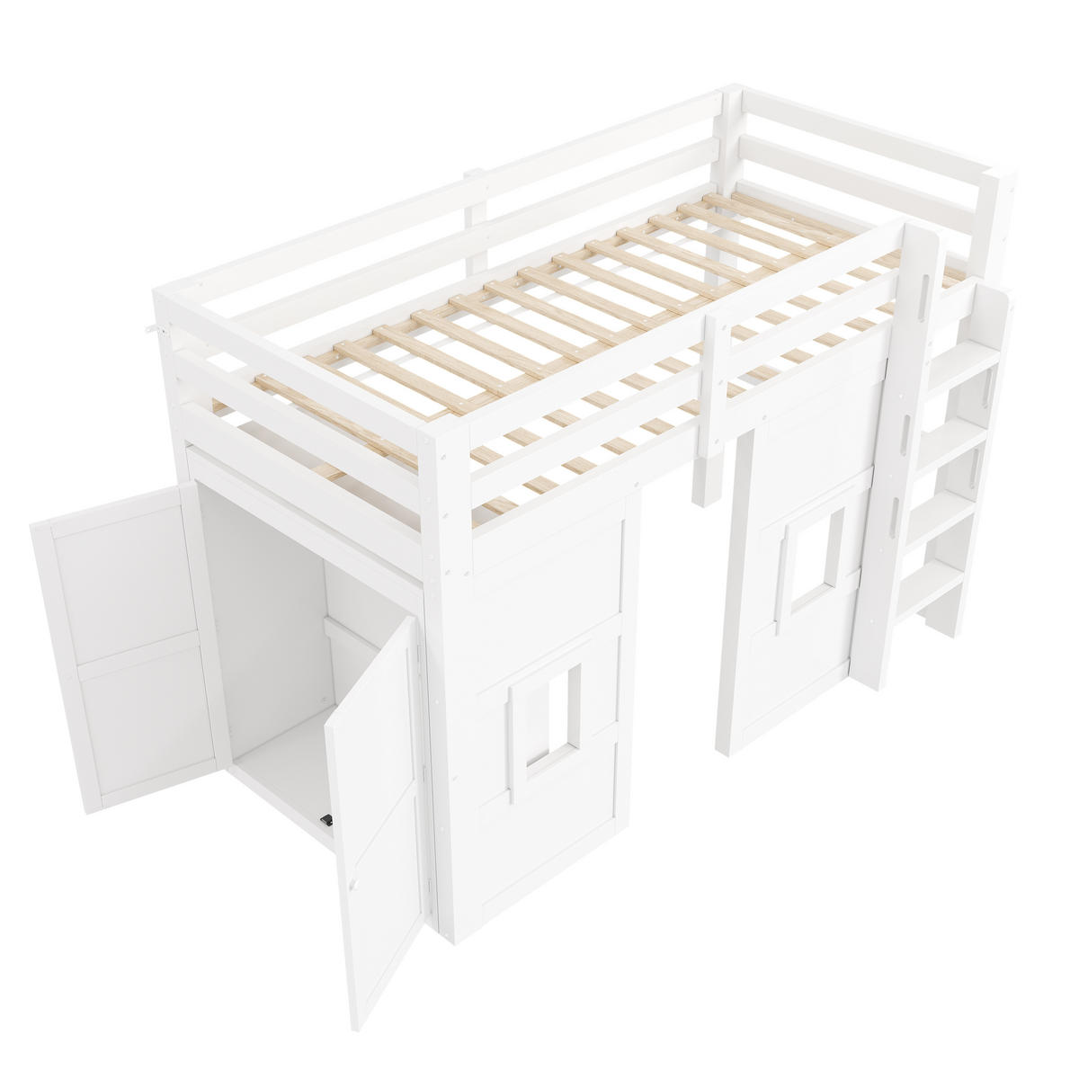 HOCHBETT 90/200 cm DE-03381, mit integriertem Kleiderschrank, 2 Fenstern und LED-Beleuchtung, in Weiß - Weiß, Holz/Holzwerkstoff (90/200cm) - ComfortXL