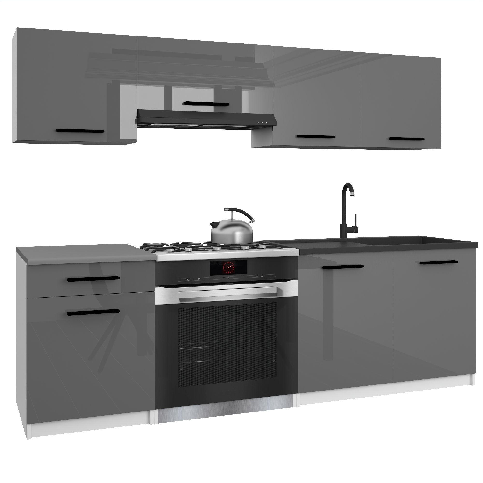 KÜCHENZEILE Italia 1 180 cm, mit Arbeitsplatten, Grau Hochglanz - Grau, Holz (180/143/60cm) - B BELINI GROUP