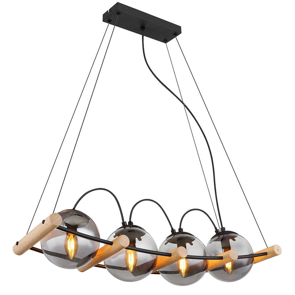 PENDELLEUCHTE Metall Schwarz-matt Glas Rauchfarben - Braun, Holz (75/22/120cm) - Globo Lighting