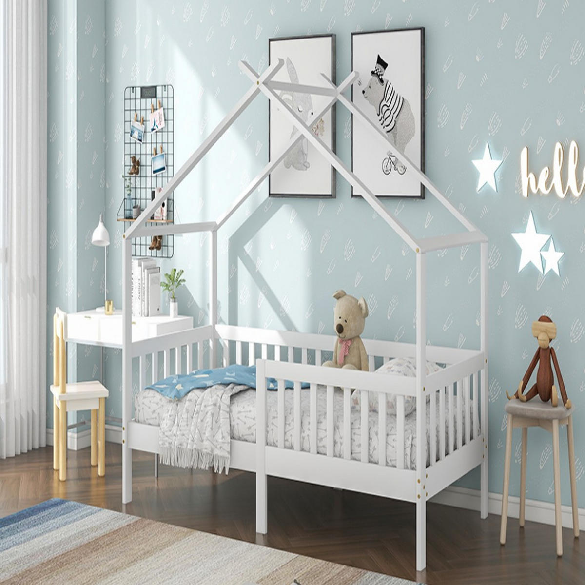 HAUSBETT Kinderbett Massivholz weiß 90x200 cm mit Zaun Absturzsicherung inkl. Lattenrost - Weiß, Holz