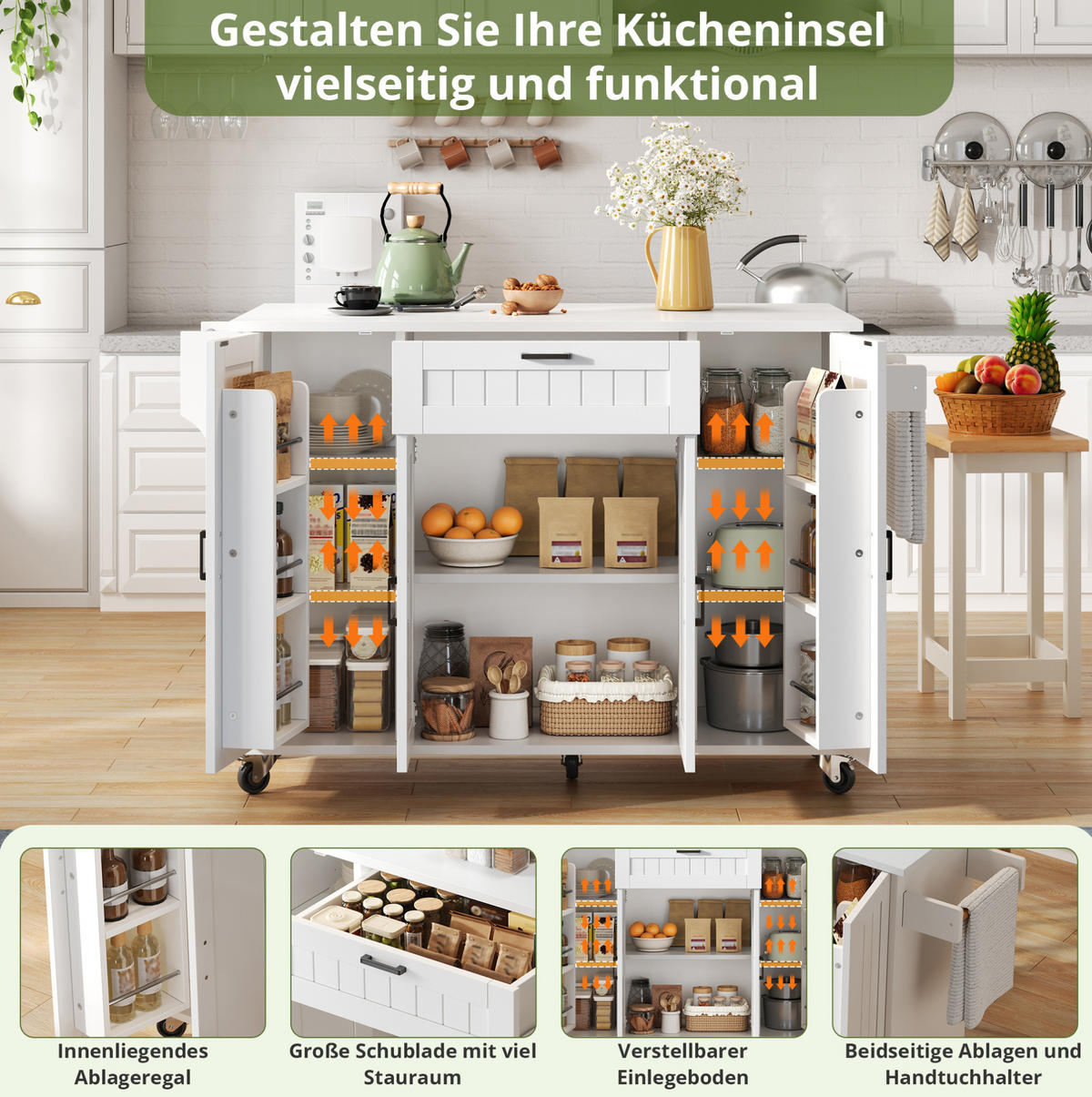 KÜCHENINSEL 120/45(70)/95 cm weiß mit klappbarer Platte - Weiß, Holzwerkstoff (120/95/70cm) - OKWISH