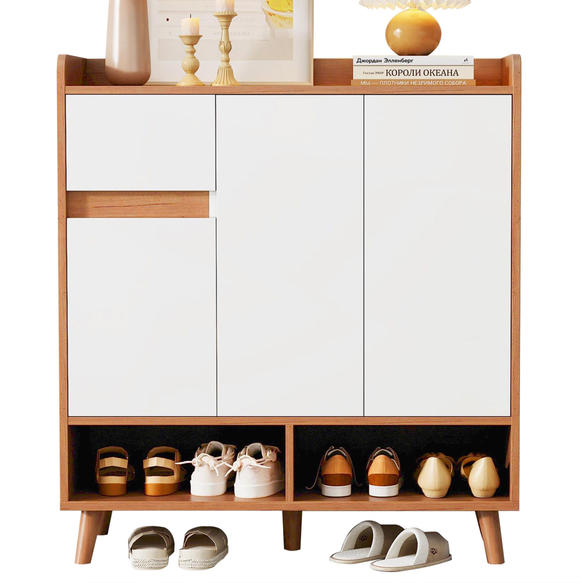 SCHUHSCHRANK 90/99/35 cm Weiß/Natur aus Spanplatte mit verstellbaren Einlegeböden - Weiß, Holzwerkstoff (90/99/35cm) - OKMYHOME