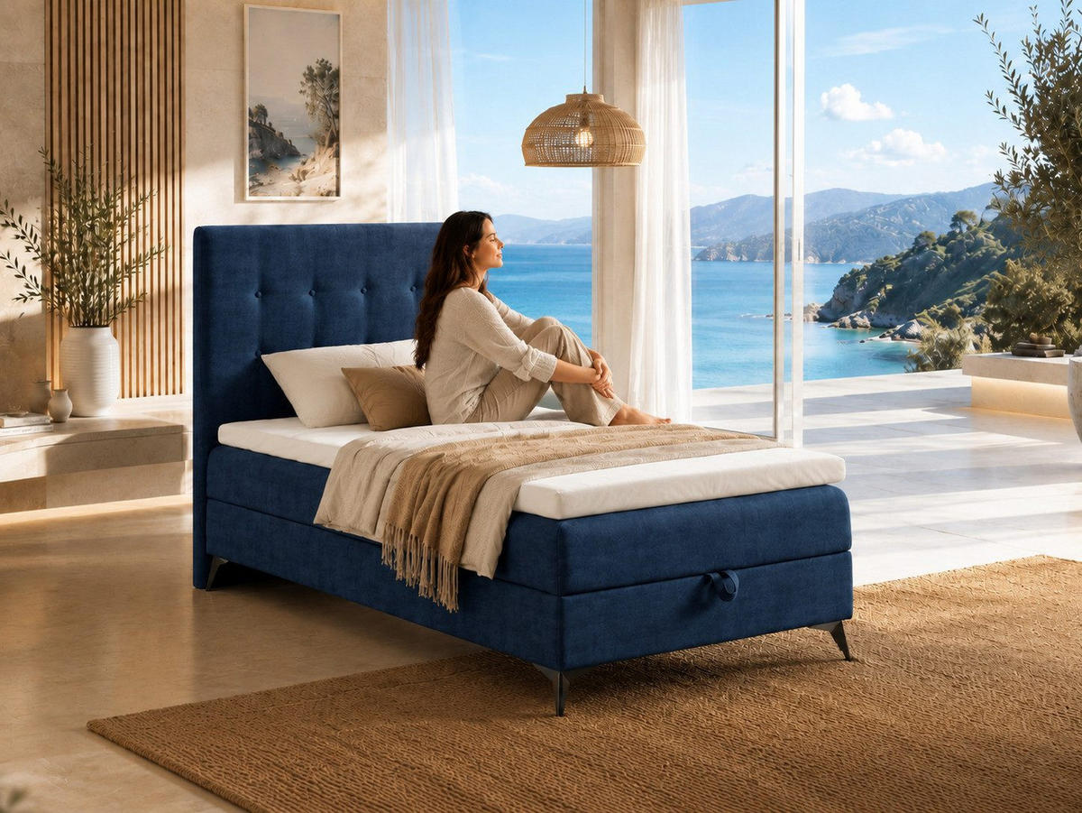 BOXBETT K15 Single SLIM mit Bettkasten & Bonell-Federkern ohne Topper - Dunkelblau, Holz/Textil (200/70cm) - Best For Home