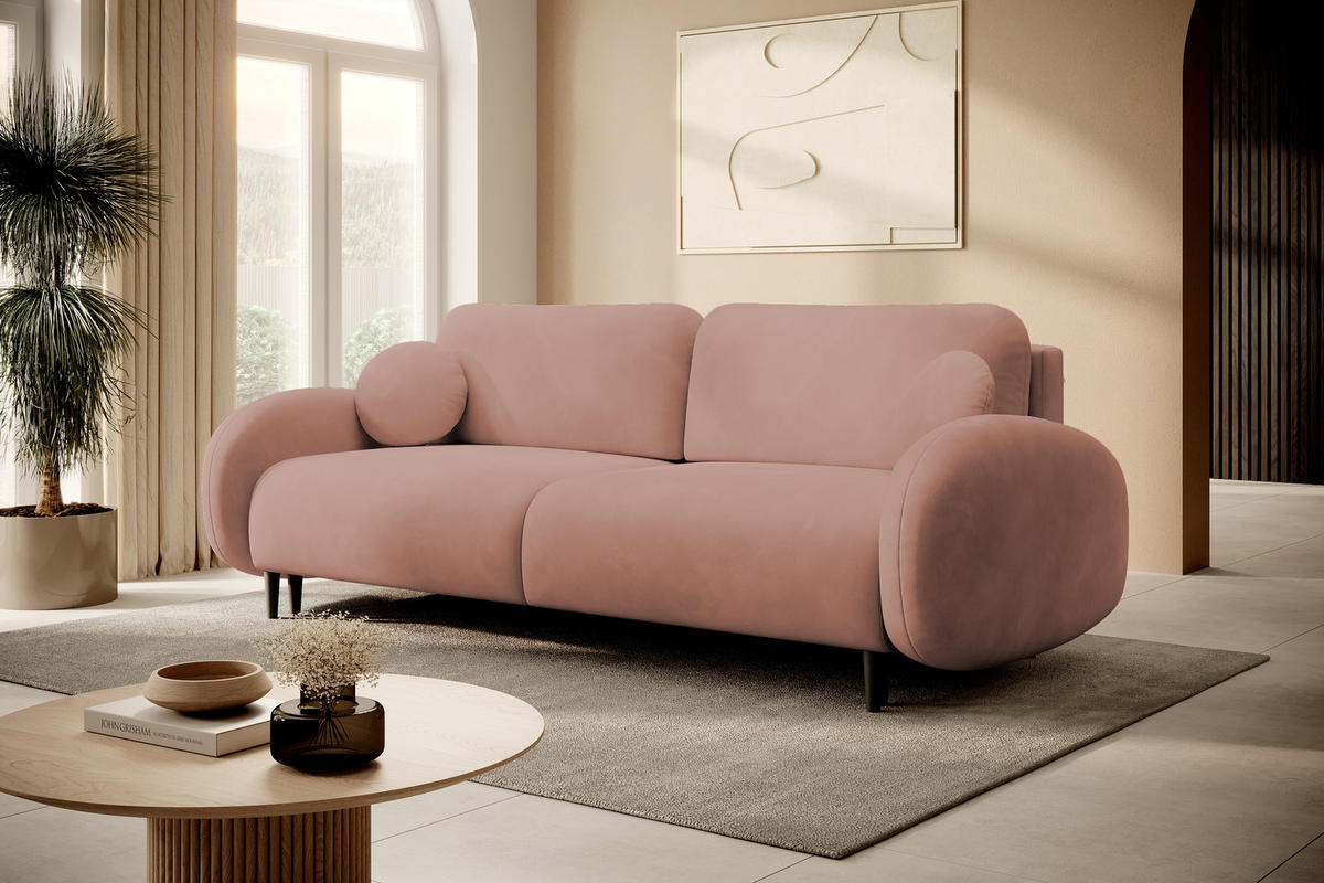 SOFA SOFT RunAgin Mit Schlaffunktion Und Bettkasten, PUR-Schaum, Schwarze Kunststofffüße, lose Rückenkissen, freistehend, 232x109x95 cm Rose - Rosa, Holz/Textil (232/95/109cm) - DomoHome