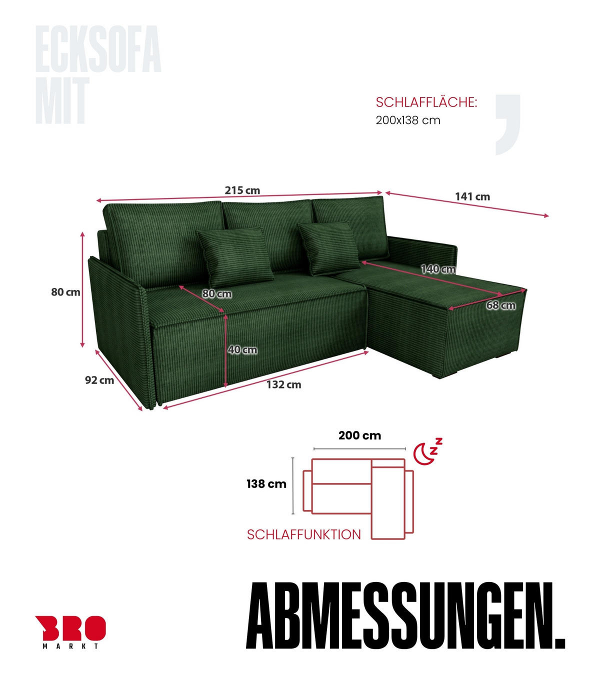 ECKSOFA Atlantic mit Schlaffunktion Grün Cord - Grün, Textil (238/141cm) - Bromarkt