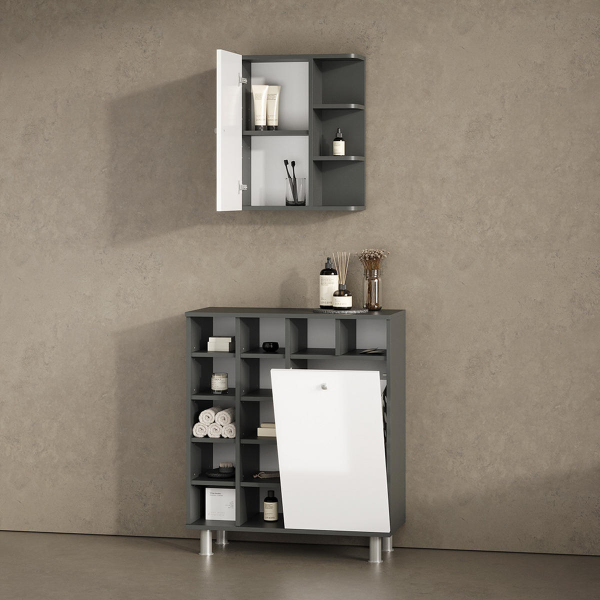 BADSCHRANK Fucino Weiß Hochglanz 47.2 x 59.2 cm - Weiß Hochglanz/Anthrazit, Holzwerkstoff (47.2/59.2/20.8cm) - Livinity®