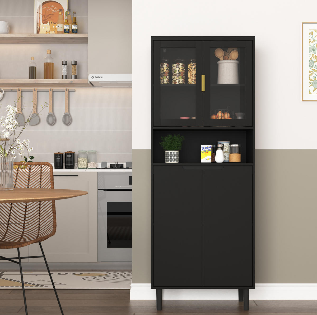 HOCHSCHRANK mit Glastüren, verstellbarem Einlegeboden und Kippschutz, vielseitiger Stauraum, Schwarz - Schwarz, Holzwerkstoff (60/160/35cm) - Redom