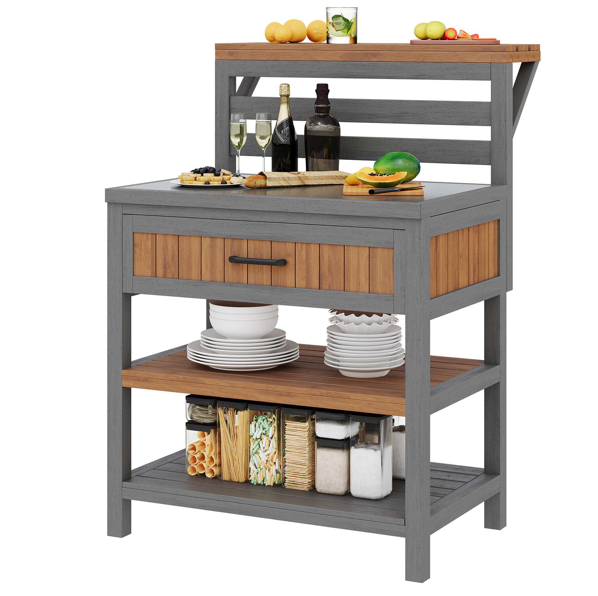 GARTENSCHRANK Holz Edelstahl Arbeitsplatte Outdoor Grillstation - Naturfarben, Holz (72.5/123/80cm) - FLIEKS
