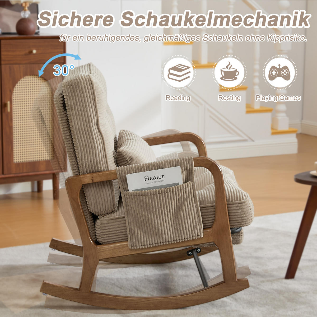 SCHAUKELSTUHL Relaxsessel mit Fußstütze,verstellbarer Rückenlehne,Cord,Khaki - Hellbraun, Textil (70/92/80cm) - LVHOM