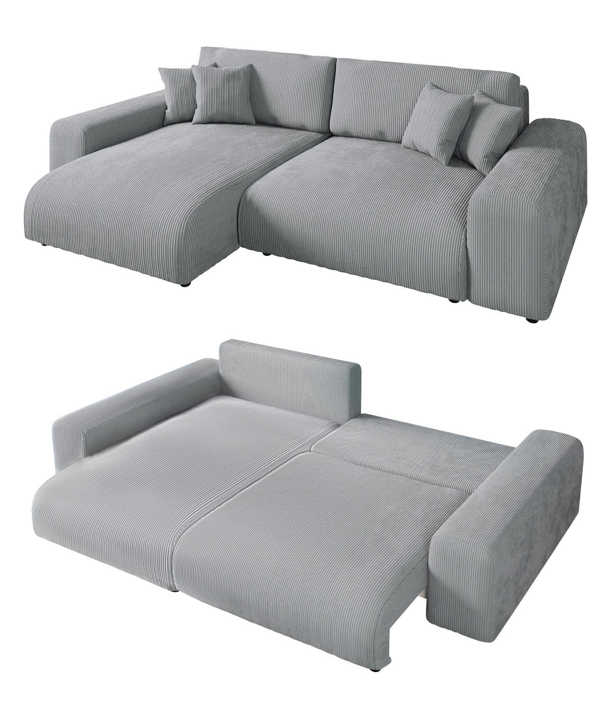 ECKSOFA mit Schlaffunktion, Bettkasten, Wellenunterfederung, seitenverkehrt montierbar B255/T165/H84 cm, Liegefl. 148x196 cm, Cord Hell-Grau / 21007 - Hellgrau/Schwarz, Kunststoff/Textil (255/165cm) - luma-home