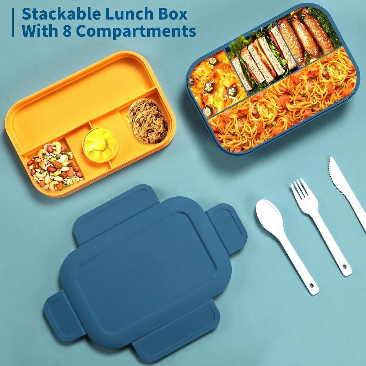 LUNCHBOX mit Fächern 2000ml auslaufsicher mit Besteck - Blau, Kunststoff (16/8/23.5cm)